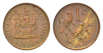 ЮАР 1 цент 1983 герб, капские воробьи KM 82 бронза 4627-161