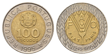 Португалия 100 эскудо 1995 50 лет продовольственной программе ФАО KM 678 биметалл UNC 4678-825