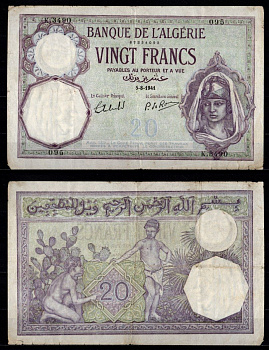 Алжир 20 франков 1941 Pick 78 c (2) бумага 7217-42-2-1