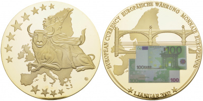 Европа медаль 2002 банкнота в 100 евро на фоне моста, диаметр 50 мм., 54 гр.позолота  медно-никель  PROOF  1066-9-54