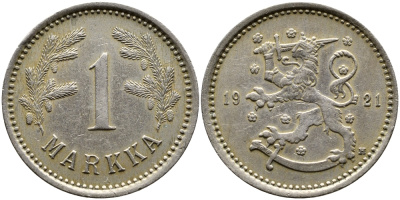 ФИНЛЯНДИЯ 1 МАРКА 1921 H KM 27 медно-никель 4388-1254