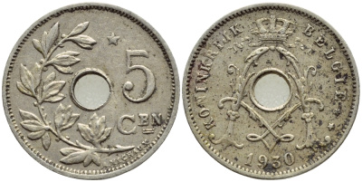 БЕЛЬГИЯ 5 САНТИМОВ 1930 BELGIE KM 94 никель латунь 4396-352