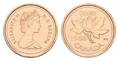 Канада 1 цент 1986 Елизавета II (1952-2022), кленовый лист KM 132 бронза PROOF-LIKE (BU) 4639-363