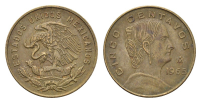 Мексика 5 сентаво 1965 Mo, Жозефа Ортис де Домингес KM 426 латунь 4664-754