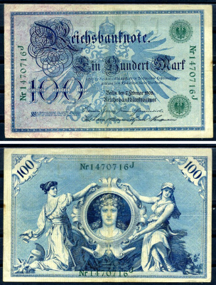 Германия 100 марок 1908 7 февраля 1908, выпуск конец 1916 - ноябрь 1918, зеленая печать Pick 34 бумага 8619-30-1-1