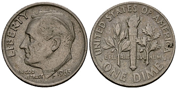 США 10 центов (дайм) 1965 Рузвельт KM 195a медь плакированная медно-никелем 4164-919