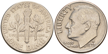 США 10 ЦЕНТОВ = 1 ДАЙМ 1973 D, РУЗВЕЛЬТ KM 195a медь плакированная медно-никелем 188-425