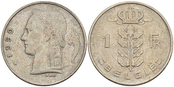 БЕЛЬГИЯ 1 ФРАНК 1959 BELGIE, БОДУЭН I (1951-1993) KM 143.1 медно-никель 202-1011