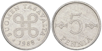 Финляндия 5 пенни 1988 KM 45a алюминий 4617-1258