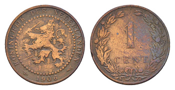 Нидерланды 1 цент 1906 Вильгельмина (1890-1948) KM 132 бронза 73-657