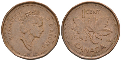 Канада 1 цент 1993 Елизавета II (1952-2022), кленовый лист KM 181 бронза 4609-239