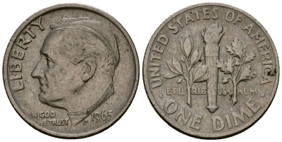 США 10 центов (дайм) 1965 Рузвельт KM 195a медь плакированная медно-никелем 4164-919