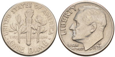 США 10 ЦЕНТОВ = 1 ДАЙМ 1973 D, РУЗВЕЛЬТ KM 195a медь плакированная медно-никелем 188-425