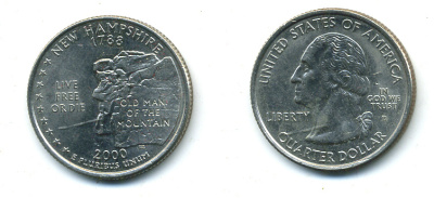 США 25 центов = квотер 2000 D, серия штаты США, Нью-Гэмпшир KM 308 медь плакированная медно-никелем 4388-755
