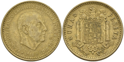 Испания 1 песета 1966 (72) Франсиско Франко (1939 - 1975) KM 796 алюминиевая бронза 4155-357