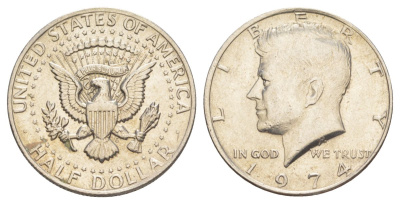 США 1/2 доллара (50 центов) 1974 Джон Кеннеди KM 202b медь плакированная медно-никелем aUNC 4536-843