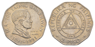 Филиппины 2 писо 1991 Столетие национального движения - Хосе П. Лорел KM 256 медно-никель 4635-1234