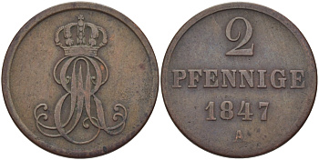 ГАННОВЕР 2 ПФЕННИГА 1847 А KM 202.2 медь 28-446
