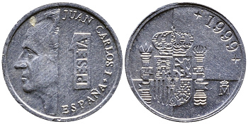 ИСПАНИЯ 1 ПЕСЕТА 1999 ХУАН КАРЛОС I (1975-) KM 832 алюминий 54-442