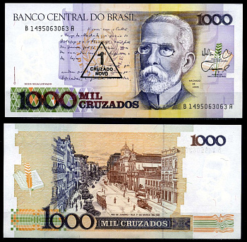 Бразилия 1 новый крузадо 1989 надпечатка на 1000 крузадо, серия В1495 Pick 216b бумага аUNC 8621-13-3-2