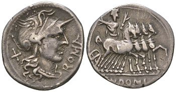 Римская Республика денарий 116-115 гг до н.э. монетарий Гн. Домиций Агенобарб, ROMA, голова Ромы в шлеме/CN DOMI, Юпитер в квадриге, Рим, 3,80 гр Crawford 285/1 серебро 00-815-80