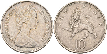 Великобритания 10 пенсов 1973 Елизавета II (1952-2022) KM 912, Spink 4231 (F1) медно-никель 4593-812