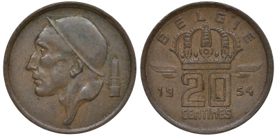 Бельгия 20 сантимов 1954 Belgie, Бодуэн I (1951-1993) KM 147.1 бронза 3458-1142