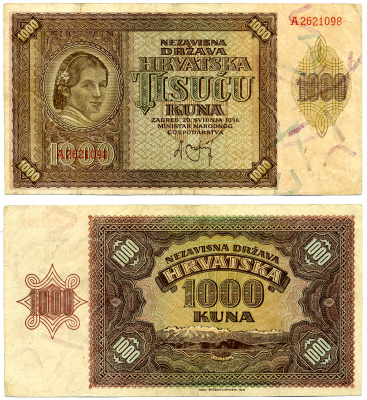 Хорватия 1000 кун 1941 женщина, горы Велебит Pick 4 бумага   435-53-1-1