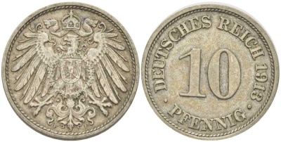 ГЕРМАНИЯ 10 ПФЕННИГОВ 1913 F KM 12, J. 13, Weege 8 медно-никель 212-236