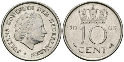 Нидерланды 10 центов 1965 Юлиана (1949-1980) KM 182 никель 96-352