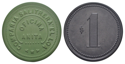 Чили, Анита (Anita), Антофагаста шахтерский жетон с Селитряного рудника для покупки в местных магазинах, номиналом в 1 песо 1880-1920 диаметр 45,5 мм, вес 6,77 гр Espinosa 20.2 эбонит (зеленый) 1094-11-14