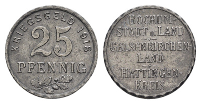 Бохум, Гельзенкирхен, Хаттинген 25 пфеннигов 1918 Funck 49.2A, Men05 3022.4, Men18 3860.4 железо 4548-1026