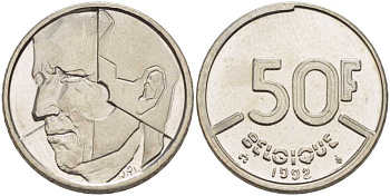 БЕЛЬГИЯ 50 ФРАНКОВ 1992 BELGIQUE, БОДУЭН I (1951-1993) KM 168 никель 210-947