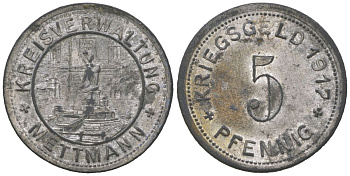 Меттманн (Пруссия, Рейн) 5 пфенингов 1917 Funck 333.1b, Men18 20931.2 цинк 99-153