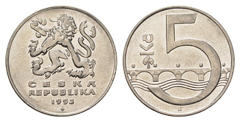 Чехия 5 крон 1993 чешский лев, Карлов мост KM 8 сталь плакированная никелем 4622-412