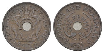 Родезия и Ньясаленд 1 пенни 1955 Елизавета II (1952-2022) KM 2 бронза 4179-654