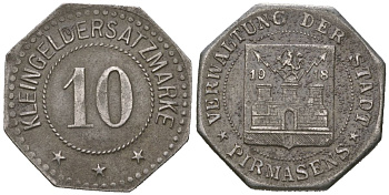 Пирмазенс (Бавария) 10 пфеннингов 1918 Funck 426.7A, Men05 20534.11, Men18 25724.11 железо 4169-1265
