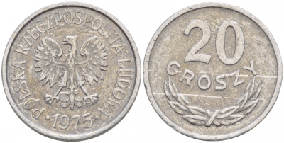 ПОЛЬША 20 ГРОШЕЙ 1975 MW KM А47 алюминий 4532-449