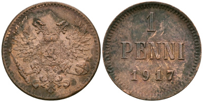Россия для Финляндии 1 пенни 1917 временное правительство (03.19817-10.1917), без короны KM 16, Биткин 5 медь 4580-1251
