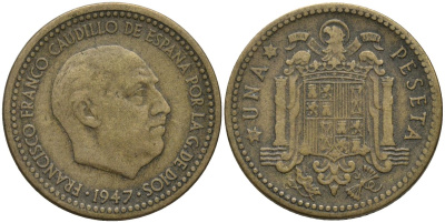 Испания 1 песета 1947 (54) Франсиско Франко (1939-1975) KM 775 алюминиевая бронза 4171-436