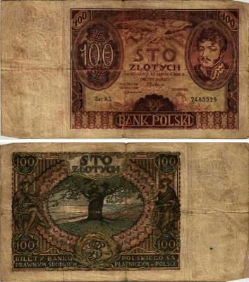 ПОЛЬША 100 ЗЛОТЫХ 1932 2 ИЮНЯ 1932, ПОРТРЕТ ПОНЯТОВСКОГО, ВОДЯНОЙ ЗНАК КОРОЛЕВА ЯДВИГА/ 100 Zl Pick 74a бумага F-VF 7487-49-1