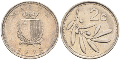 Мальта 2 цента 1991 оливковая ветвь KM 94 медно-никель 4585-1268