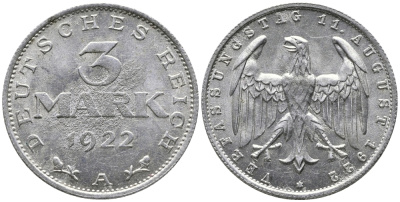 Германия 3 марки 1922 A, третья годовщина Веймарской Конституции KM 29, J. 303 алюминий 38-242