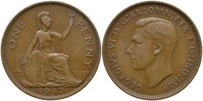 Великобритания 1 пенни 1947 Георг VI (1936-1952) КМ 845, Spink 4114 бронза 115-432