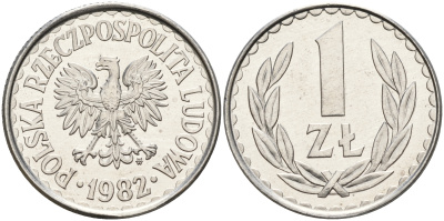 Польша 1 злотый 1982 MW KM 49.1 алюминий  UNC  4161-213