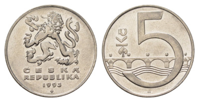 Чехия 5 крон 1993 чешский лев, Карлов мост KM 8 сталь плакированная никелем 4622-412