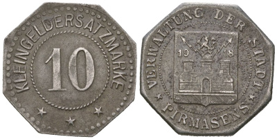 Пирмазенс (Бавария) 10 пфеннингов 1918 Funck 426.7A, Men05 20534.11, Men18 25724.11 железо 4169-1265
