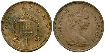 Великобритания 1 пенни 1971 Елизавета II (1952-2022) KM 915, Spink 4237 (B1) бронза 4138-1256