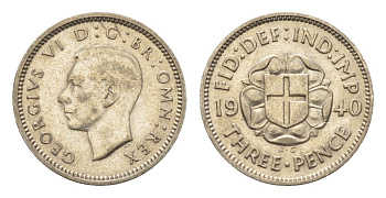 Великобритания 3 пенса 1940 Георг VI (1936-1952) KM 848, Spink 4085 серебро 4567-431