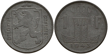 Бельгия 1 франк 1943 Belgique - Belgie, Леопольд III (1934-1947), германская оккупация, Вторая мировая война KM 127 цинк 4161-524